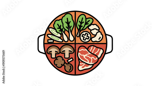 Illustration of a divided pot with ingredients greens, cauliflower, mushrooms, and meat