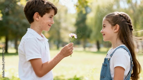 Boy Giving Flower to Girl in Sunny Park