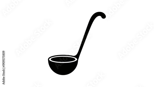 A black and white vector graphic of a ladle with a curved handle