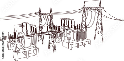 Electrical high voltage substation illustration, transformer transmission yard diagram, power grid infrastructure, engineering technical energy distribution drawing