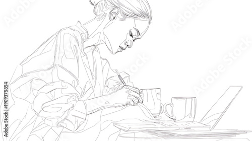 A woman is sitting at a table with a laptop and a cup of coffee