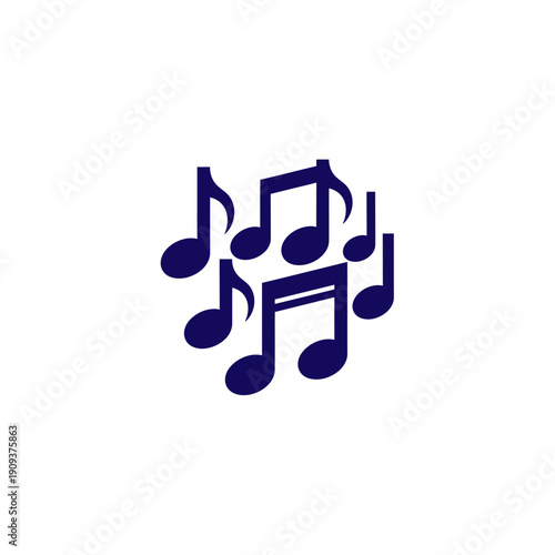 Blue music notes in a swirling cluster on a stark white background