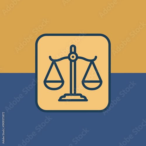 A blue outline of scales in a rounded square on a two-toned tan and blue background