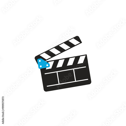 A vector illustration depicts a black and white clapperboard with a blue accented hinge