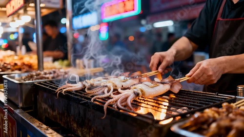 Street Food Vendor Grilling Fresh Squid on Charcoal at Night Market
