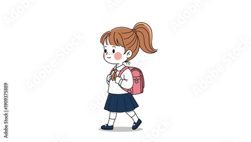 Little girl with a ponytail wearing a Japanese school uniform and a pink backpack walking happily on a plain white background.