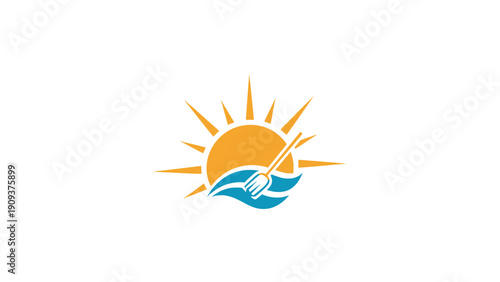 Logo depicting a stylized sun, waves, and a fork, with orange and blue colors