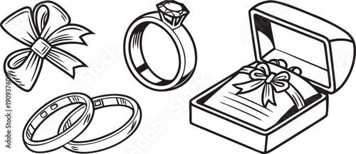 A collection of various wedding rings and engagement ring illustrations, rendered in a hand-drawn, sketch style. The image is composed of several individual elements arranged across a white background