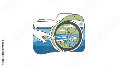 A camera depicts a hand pointing at a beach clean-up scene