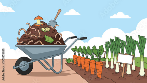 Grey wheelbarrow filled with dark compost and earthworms next to a vegetable garden with carrots, leeks, and a blank sign.