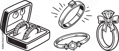 A collection of various wedding rings and engagement ring illustrations, rendered in a hand-drawn, sketch style. The image is composed of several individual elements arranged across a white background