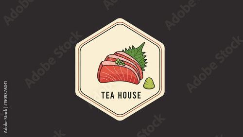 Cartoon illustration of sashimi with wasabi and leaf within a hexagon, "Tea House" below
