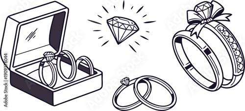 A collection of various wedding rings and engagement ring illustrations, rendered in a hand-drawn, sketch style. The image is composed of several individual elements arranged across a white background