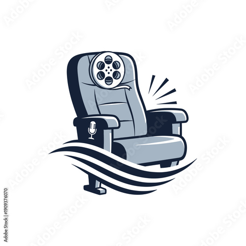 A stylized image of a movie theater chair with film reel, sound waves, and a mic