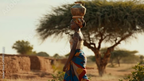 African woman carrying water jug on head in traditional colorful dress walks through village landscape with acacia trees, representing authentic cultural heritage, daily life, and traditional African 