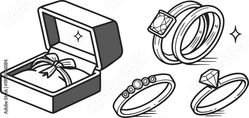 A collection of various wedding rings and engagement ring illustrations, rendered in a hand-drawn, sketch style. The image is composed of several individual elements arranged across a white background