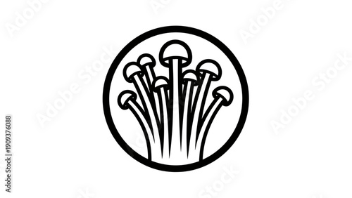 A circular graphic showcases clustered stylized mushrooms with bulbous caps, in thick black lines