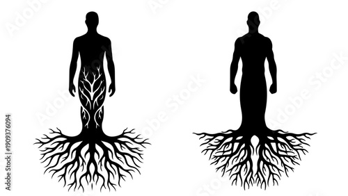 Silhouette people with multicultural ethnic body art and tree roots symbolizing diverse human identity unity and global cultural connection.