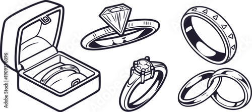 A collection of various wedding rings and engagement ring illustrations, rendered in a hand-drawn, sketch style. The image is composed of several individual elements arranged across a white background