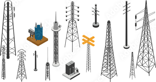 Electrical transmission tower illustration, high voltage power infrastructure set, transformer equipment diagram, engineering technical energy grid drawing