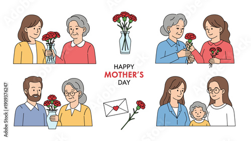 Happy Mother's Day illustration collage showing children giving red carnation flowers and gifts to their mothers and grandmothers.