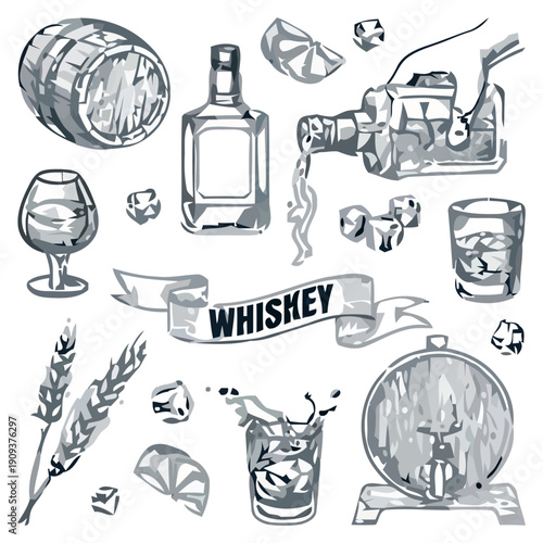 Collection of hand-drawn sketches representing alcoholic beverages, barware, and related accoutrements in a monochromatic palette