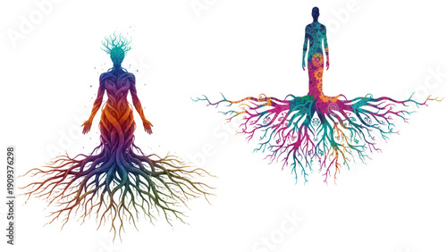 Silhouette people with multicultural ethnic body art and tree roots symbolizing diverse human identity unity and global cultural connection.