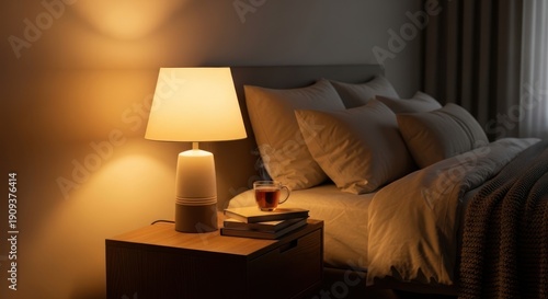 Warm bedside lamp illuminates books and tea on nightstand