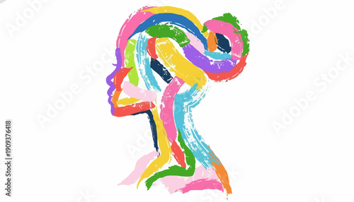 Abstract woman's profile, a vibrant mosaic of colorful brushstrokes representing diverse thoughts, creativity, and unique human identity