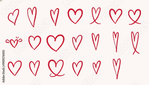 Hand-drawn red hearts collection for romantic occasions, Valentine's Day, and expressions of love and affection