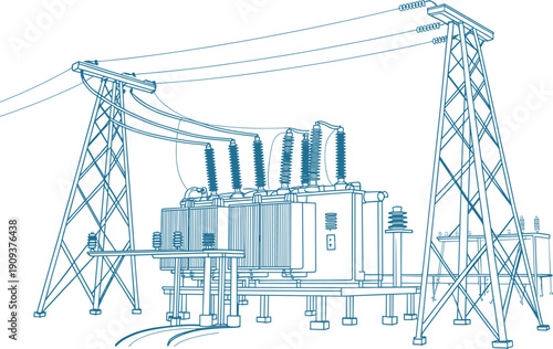 High voltage electrical substation illustration, transformer transmission system diagram, power grid infrastructure, engineering technical energy distribution drawing