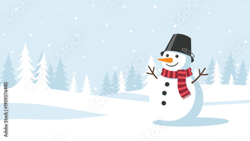 Happy snowman wearing a red scarf and black bucket hat standing in a snowy forest landscape under a light snowfall.