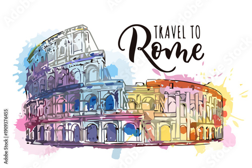 Dynamic Watercolor Splash Art Capturing the Grandeur of Rome's Iconic Ancient Structure, Perfect for Italian Travel Concepts