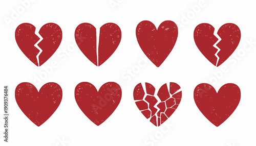 Collection of Red Broken Heart Icons Representing Sadness, Loss, and Emotional Pain