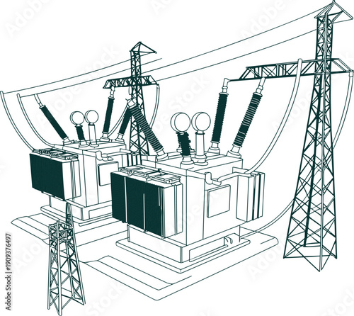 High voltage transformer substation illustration, electrical transmission tower system diagram, power grid infrastructure, engineering technical energy drawing