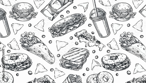 Seamless pattern of delicious fast food items including burgers, sandwiches, tacos, donuts, and pizza, hand-drawn in black and white