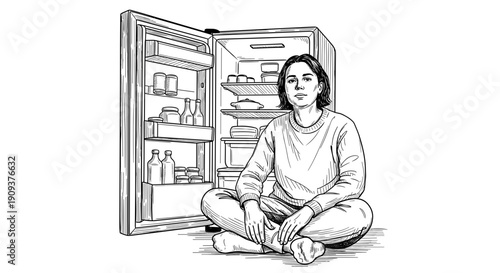 Woman sitting in front of open refrigerator in line art illustration on white background
