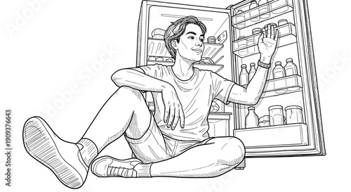 Man sitting in front of open refrigerator in line art illustration on white background