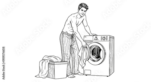 Shirtless man loading laundry into washing machine in line art illustration on white background