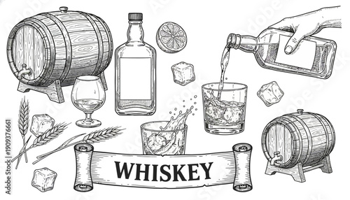 Hand-drawn illustration of a whiskey set featuring barrels, bottle, glass, ice, lemon, and wheat stalks