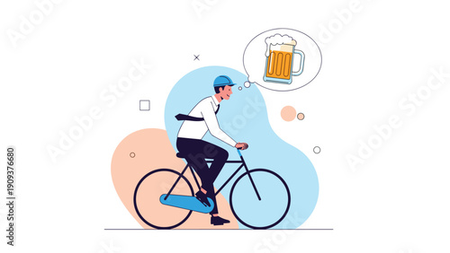 Businessman riding a bicycle on his way home from work and dreaming about having a cold glass of beer in a thought bubble.