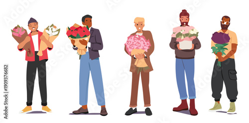 Diverse men presenting beautiful flower bouquets symbolizing celebration, gifting, and romantic gestures on a plain background