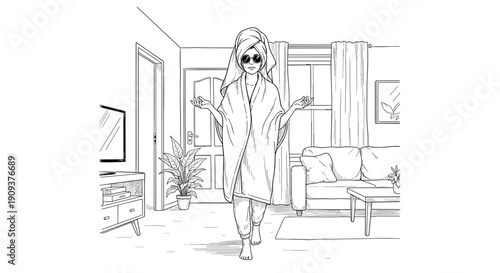 Woman in towel and sunglasses walking in living room in line art illustration on white background