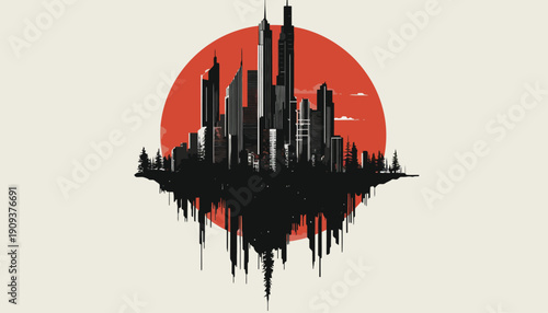 Surreal Urban Landscape A Futuristic Cityscape Floating Amidst a Red Sun Emblem