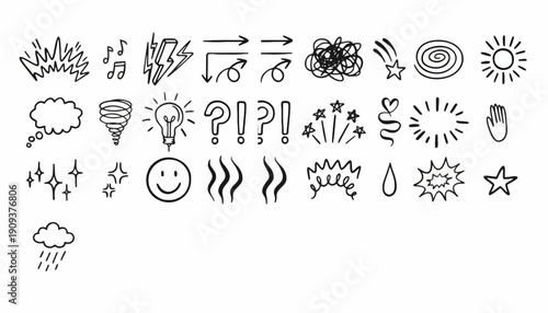 A collection of hand-drawn graphic elements and icons representing various emotions, ideas, and actions in a simple, doodle-like style, perfect for creative projects