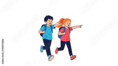 Boy and girl with blue and red backpacks running forward and pointing ahead with excitement during an outdoor school adventure.