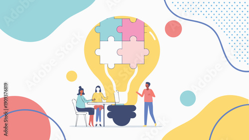 Diverse team collaborating around a table with a lightbulb and puzzle pieces symbolizing innovative ideas and problem solving in a modern workspace