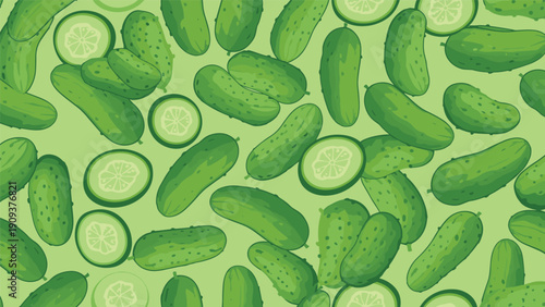 Refreshing seamless pattern of whole green cucumbers and fresh slices scattered on a pale green background.