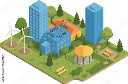 Isometric eco smart city illustration with solar rooftop buildings, wind turbines, green park infrastructure, sustainable urban renewable energy concept