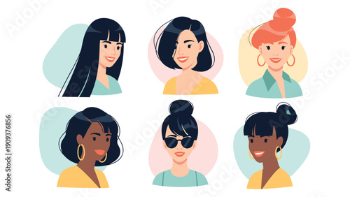 Collection of six diverse female portraits with different hairstyles, accessories, and colorful circle backgrounds.
